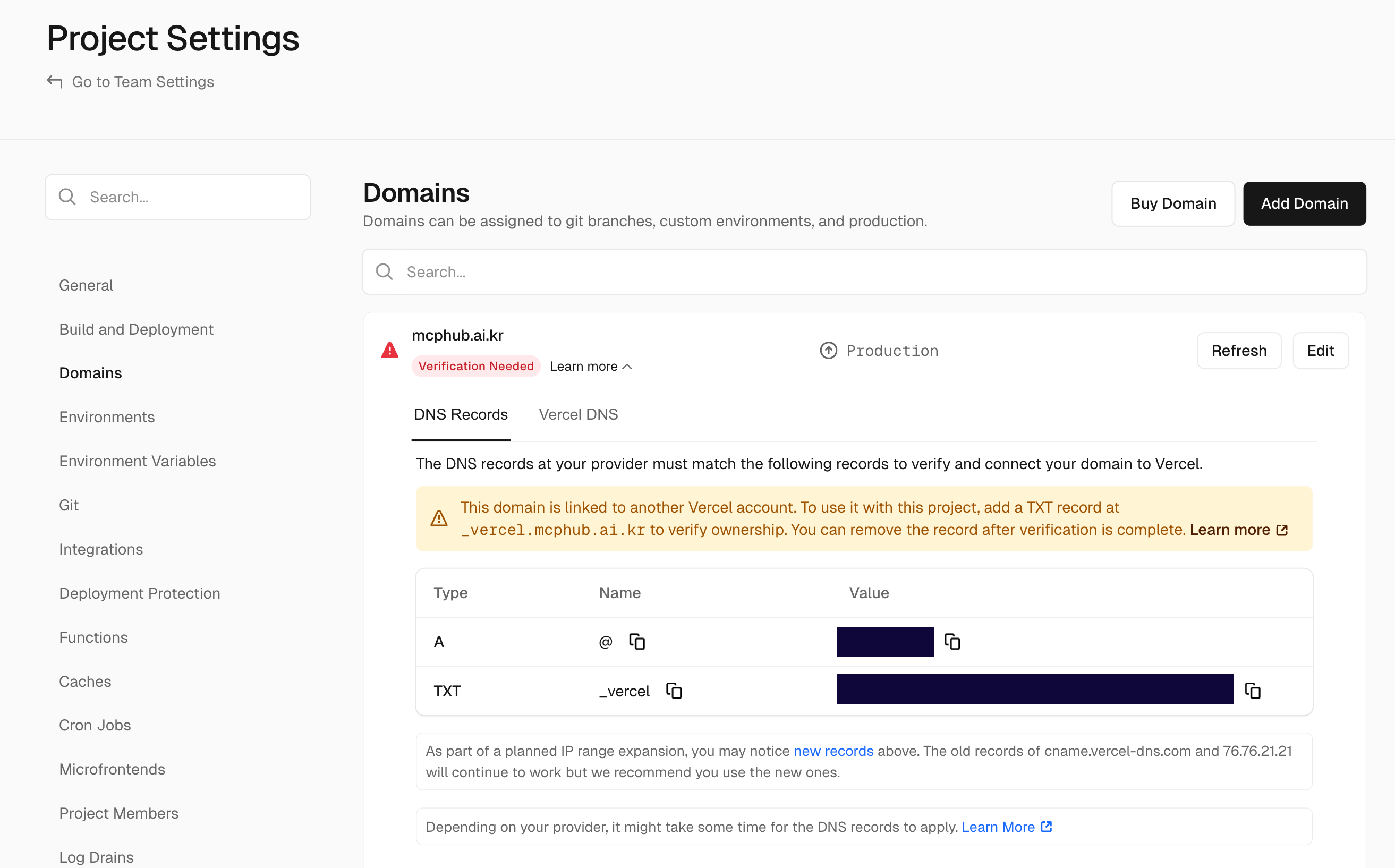 [Vercel] Project > Domains > Add Domain