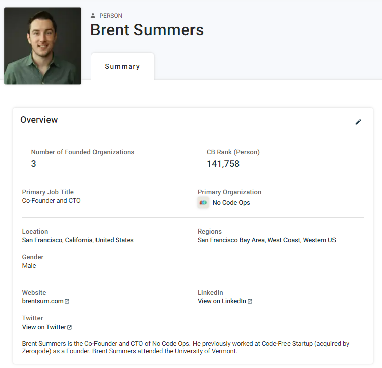 crunchbase에 소개되어 있는 Brent Summers의 프로필(참고 : https://www.crunchbase.com/person/brent-summers-976d)