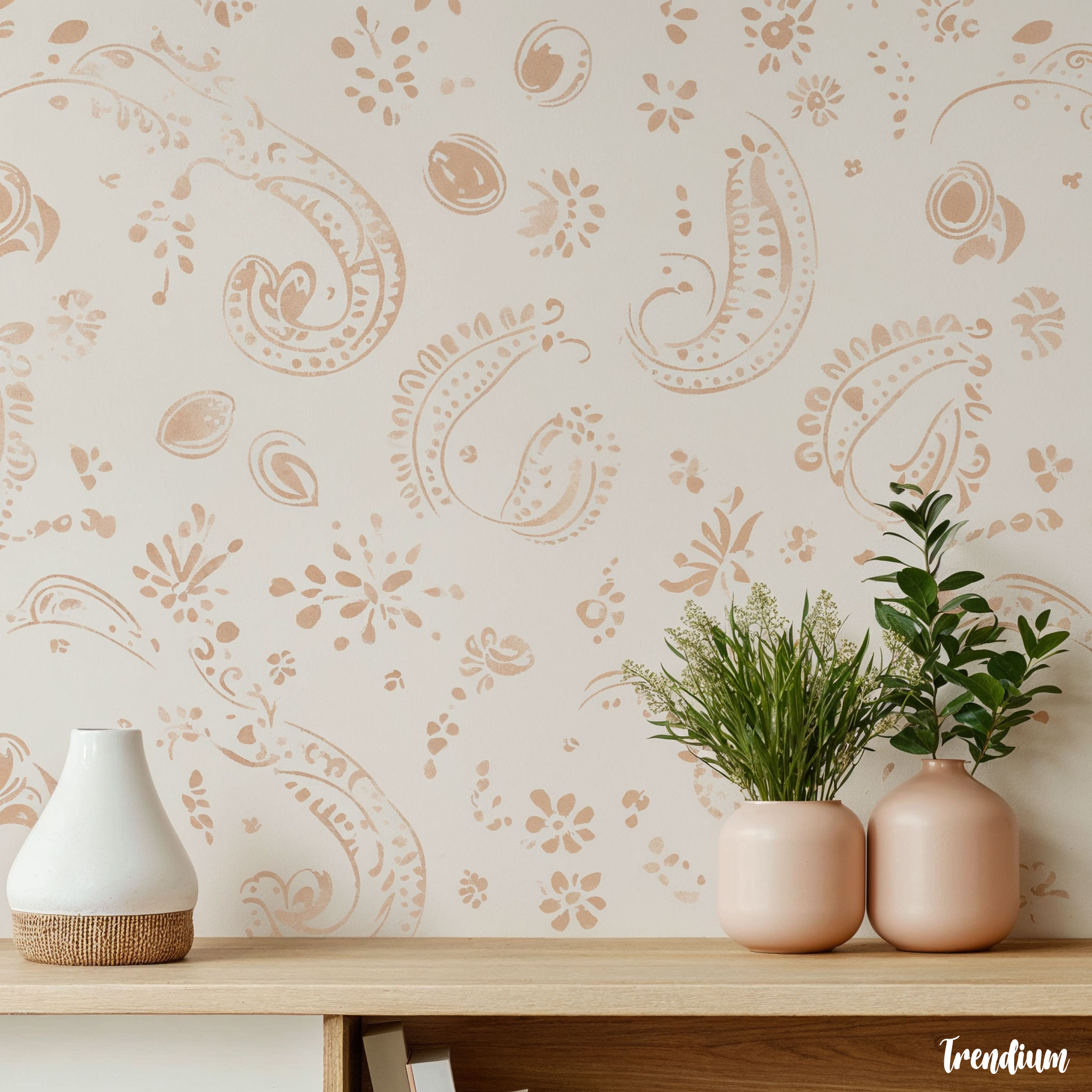 [prompt] Modern minimalist paisley wallpaper in soft pastel colors, featuring simplified curved shapes and subtle floral details.