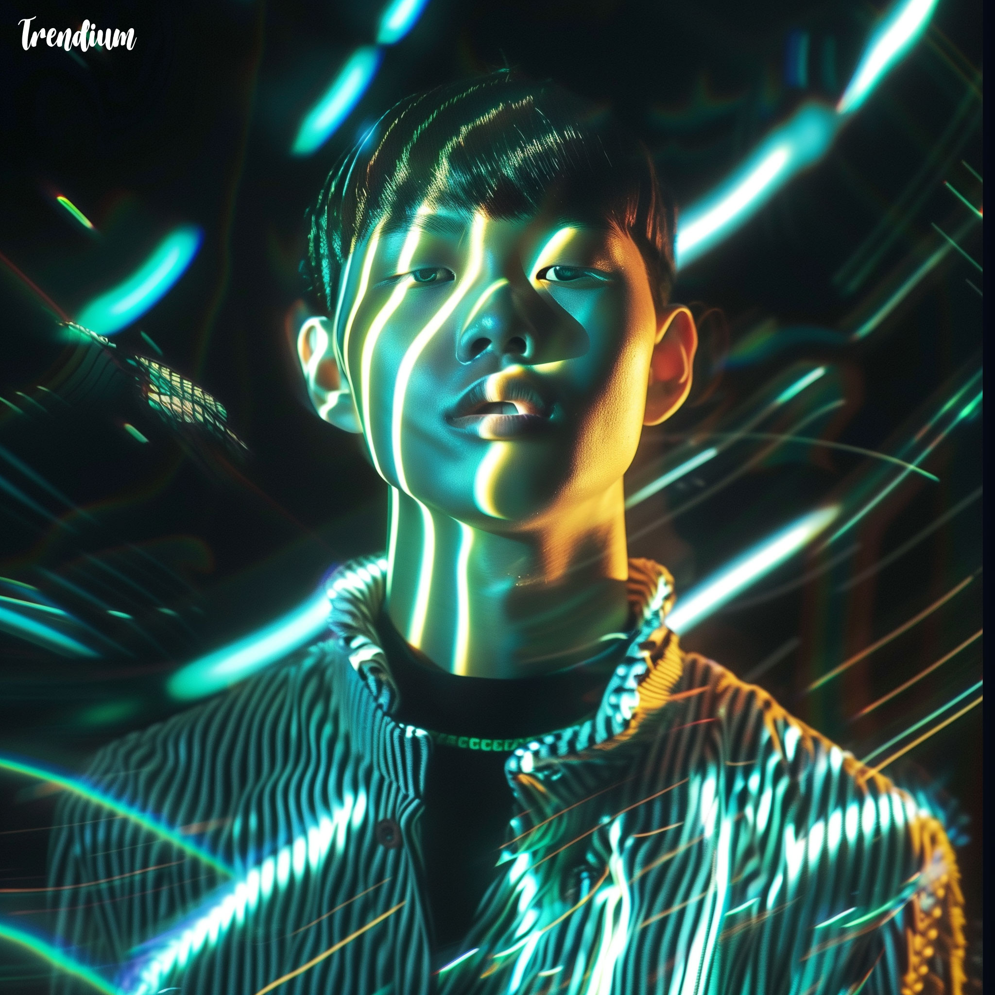 [prompt] A young Korean male model styled a Memphis-inspired fashion editorial featuring geometric patterned clothes, vivid colors, and a playful, radical mood. --v 6 --sref 3948293390