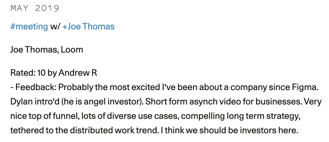 Loom의 시리즈 B를 리드한 세콰이어캐피탈 앤드류 리드가 첫 미팅 이후 작성한 메모 (출처: @andrew__reed)
