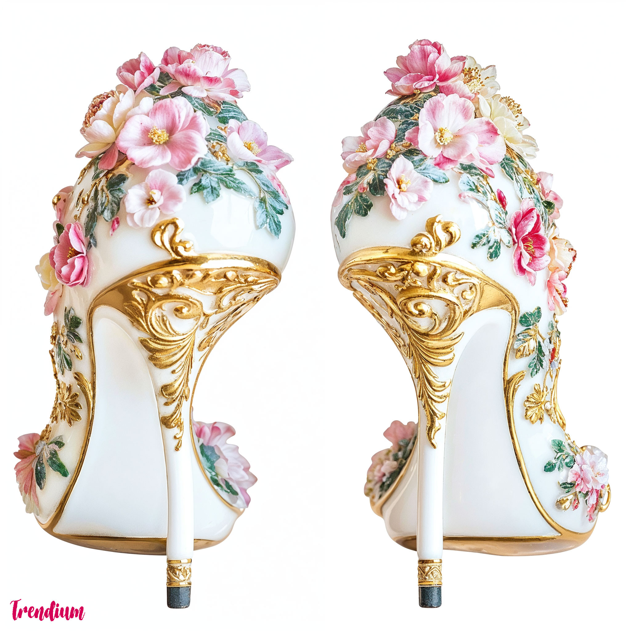 [prompt] shoes with flowers, Pastel tone and pink porcelain, gold point, Rococo style pattern, an exaggerated ornament, isolate on white background