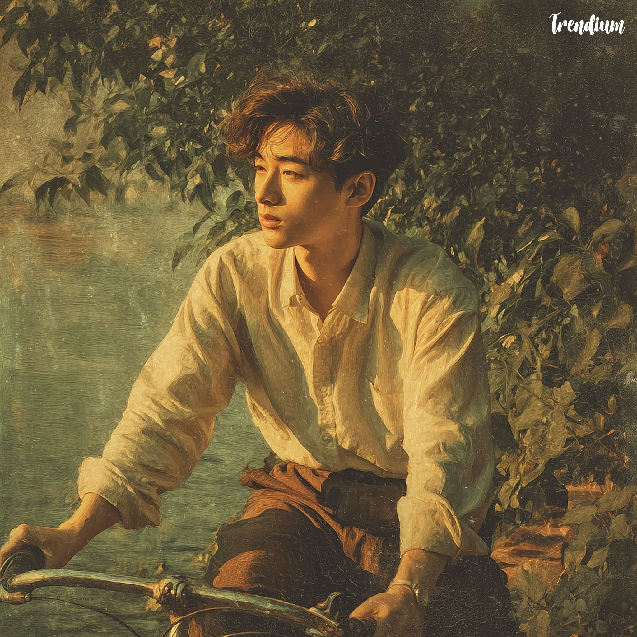 [prompt] A Korean Boy Riding a Bike in the Han River, pre-raphaelite style, soft golden-hour lighting, detailed textile folds, oil painting texture, romantic realism, natural foliage background --v 7 --stylize 200