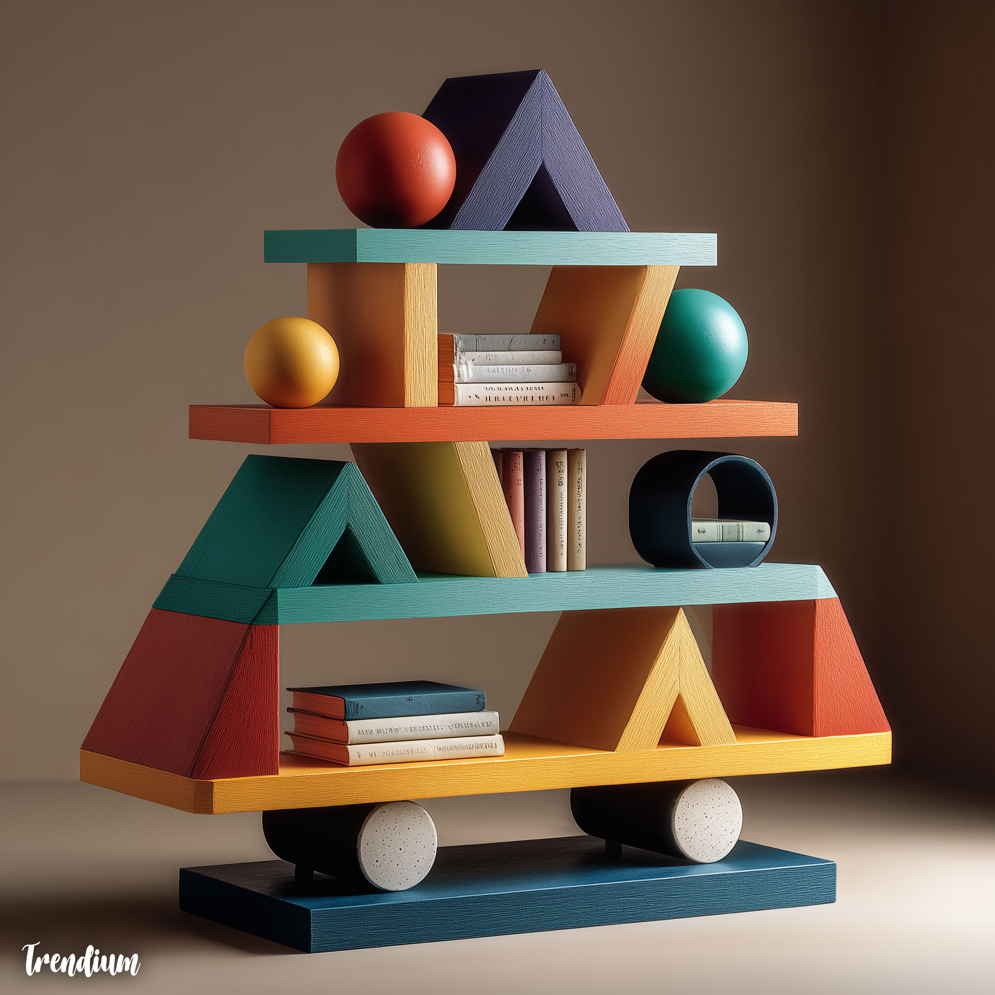 [prompt] memphis-style bookshelf, asymmetric form, bold color blocking, laminate surface, playful geometry, retro 80s aesthetic, postmodern design object --v 7 --stylize 350