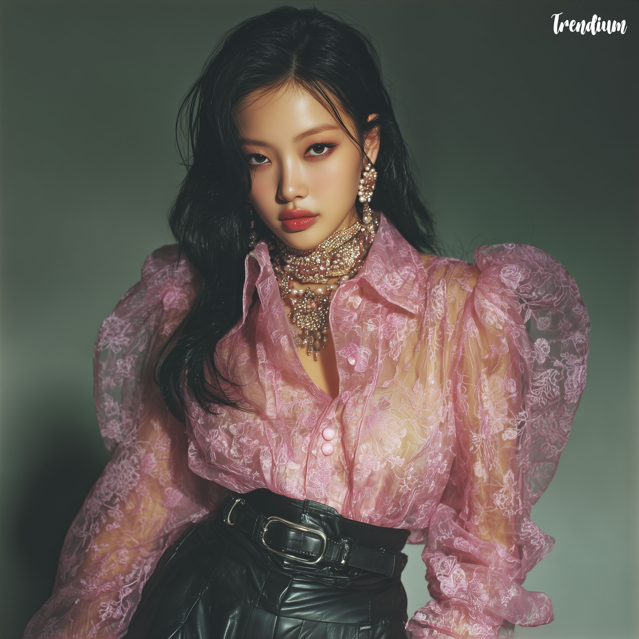 [prompt] A K-pop girl idol in a pink translucent blouse inspired by jeogori sleeves, floral patterns embroidered, styled with leather shorts and a wide belt, Harper’s Bazaar editorial, Hasselblad X2D, 80mm lens, fashion spotlight --style raw --v 7 --stylize 300