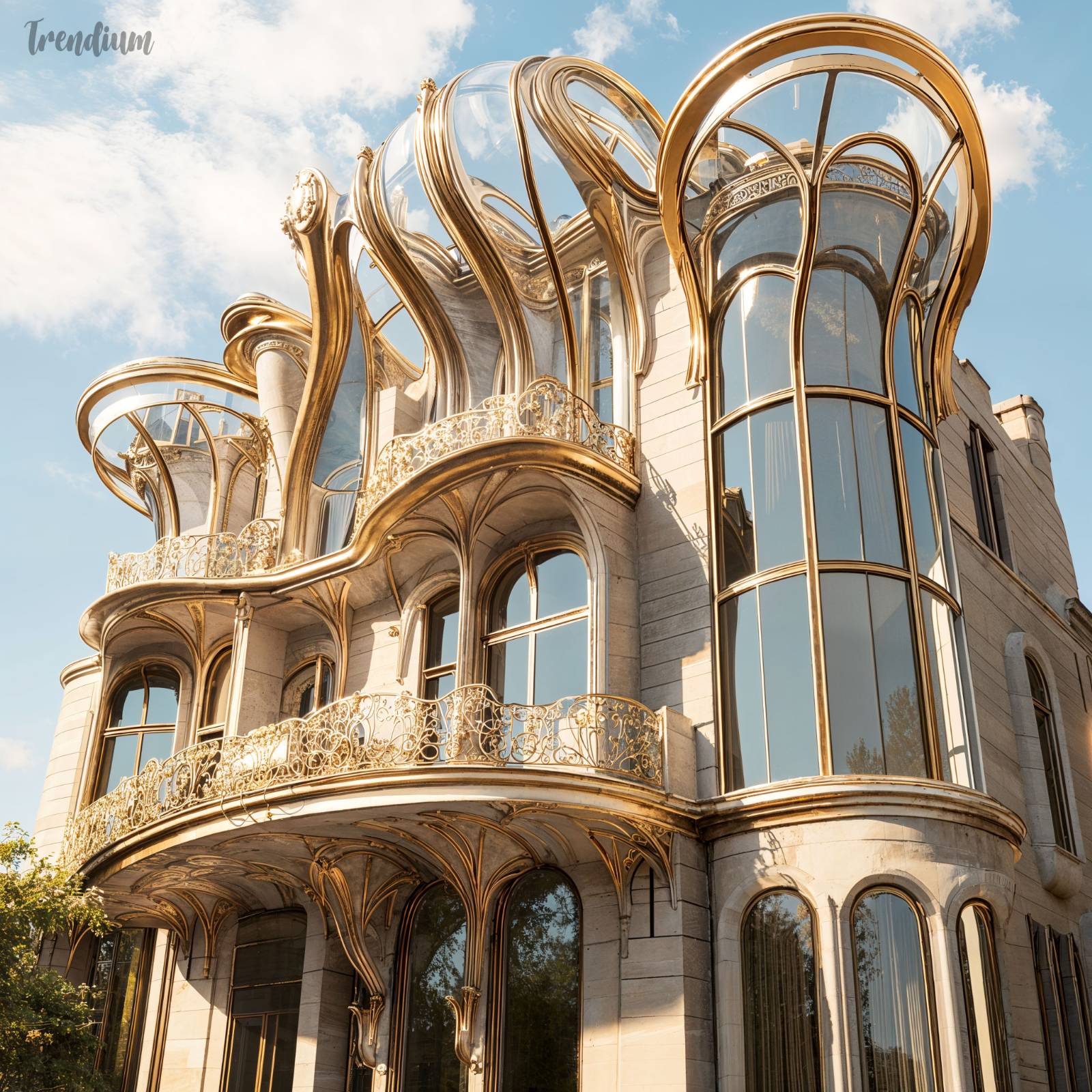 [prompt] Art Nouveau Architectural Design. Design inspired by Hector Guimar style. Focus on buildings with deep-sea creature-inspired details. The structure should feature curved glass canopies, elaborate masonry and gold delicate balconies in a harmonious and elegant style.