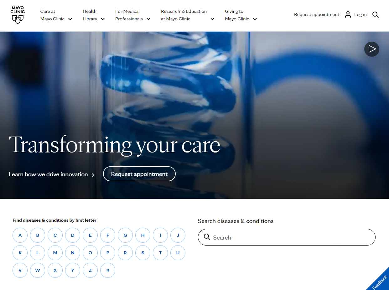 질병 정보를 쉽게 검색할 수 있는 메이요 클리닉 홈페이지
