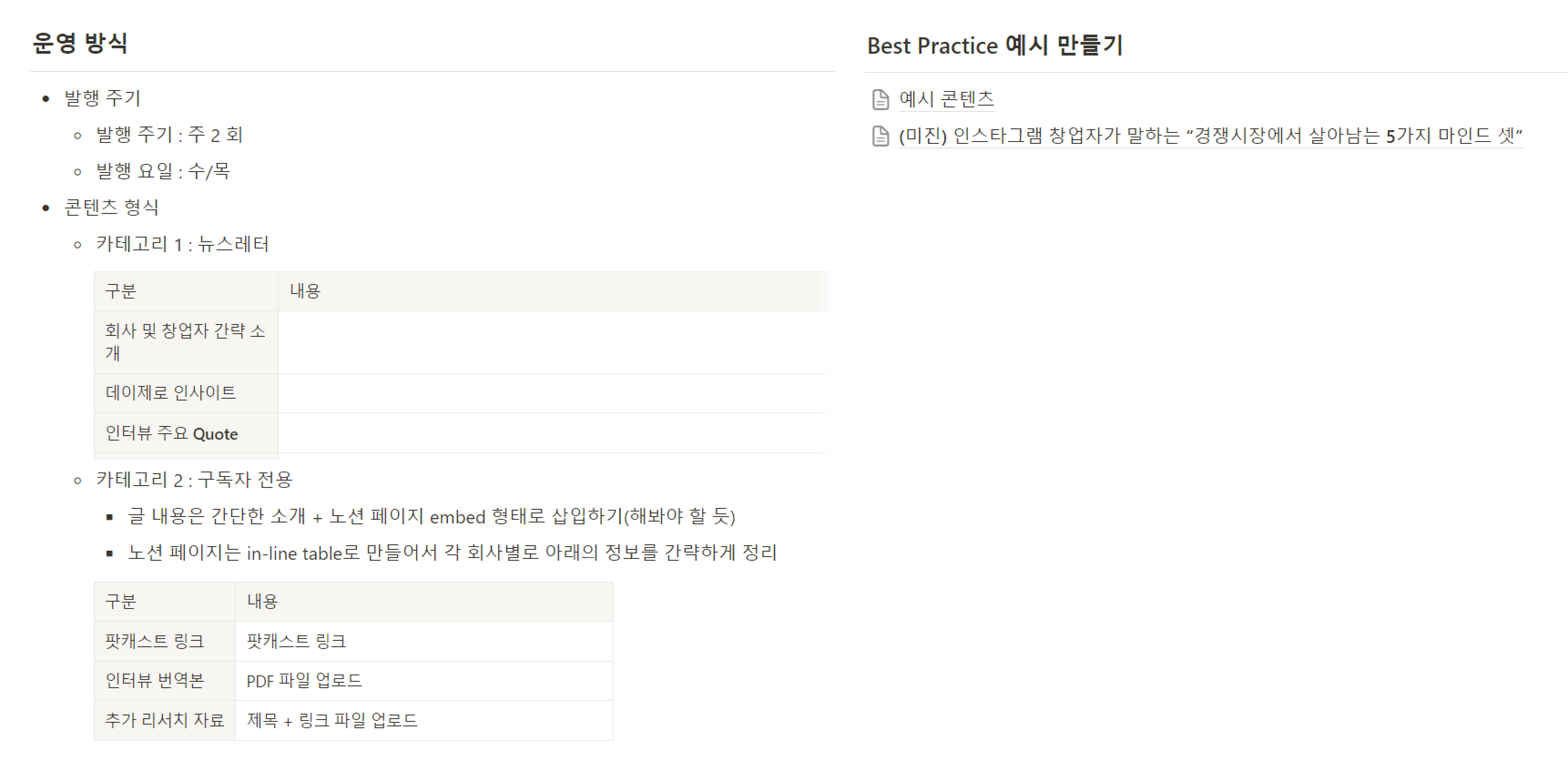 초반에 작성했던 개요와 예시 콘텐츠