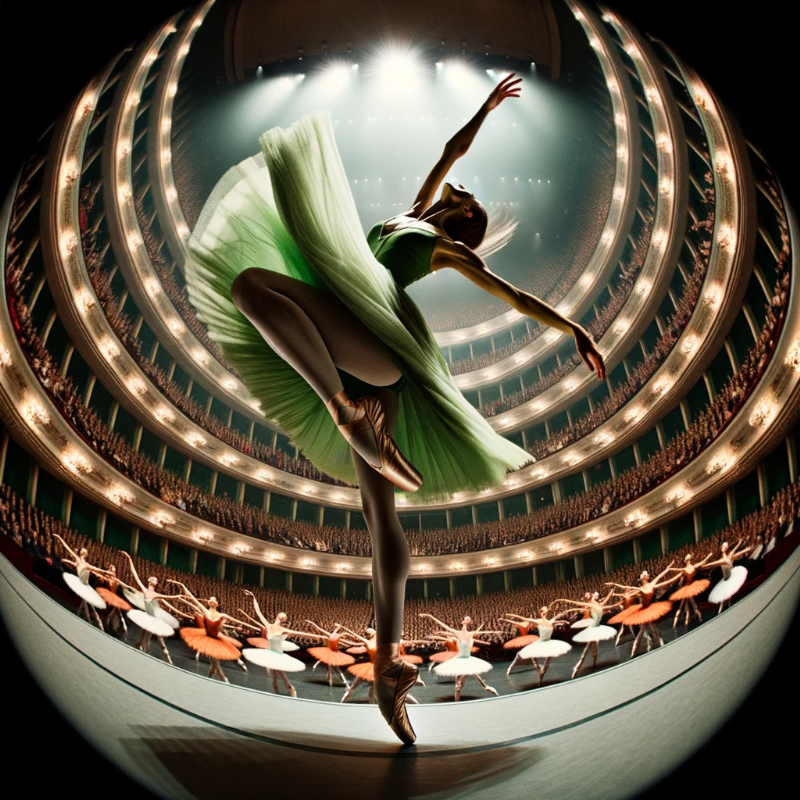 Fisheye lens illustration of &#39;Swaying Dancer (Dancer in Green)&#39;. The ballet theater appears vast, with the dancer in green&#39;s rapid movements emphasized by the lens distortion. The cropped ballerinas in orange and the vast audience add to the immersive and intense atmosphere of the performance.
