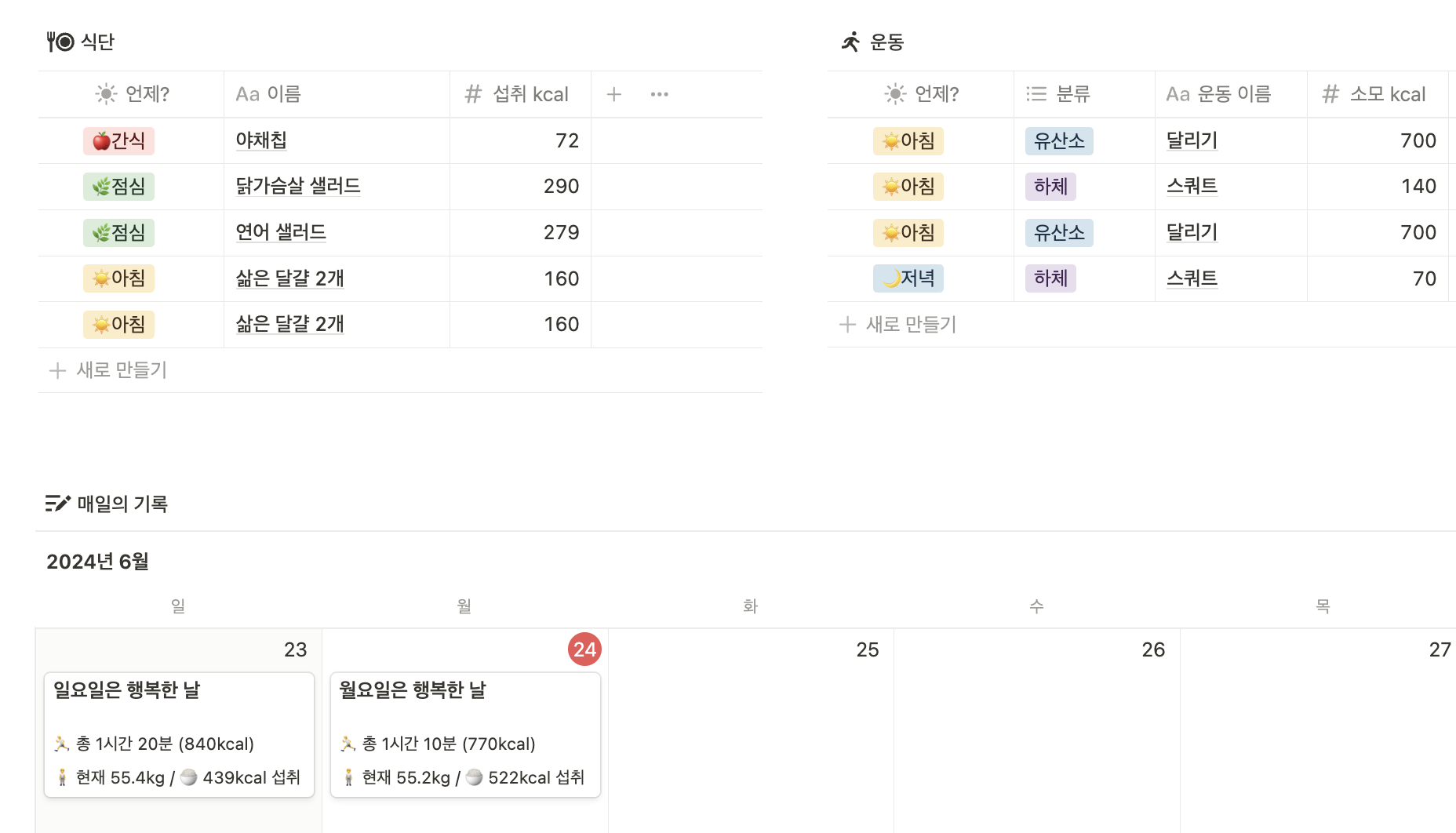 식단과 운동 기록을 적으면 총 결과물을 캘린더로 바로 볼 수 있게 돼요. (자체 제작)