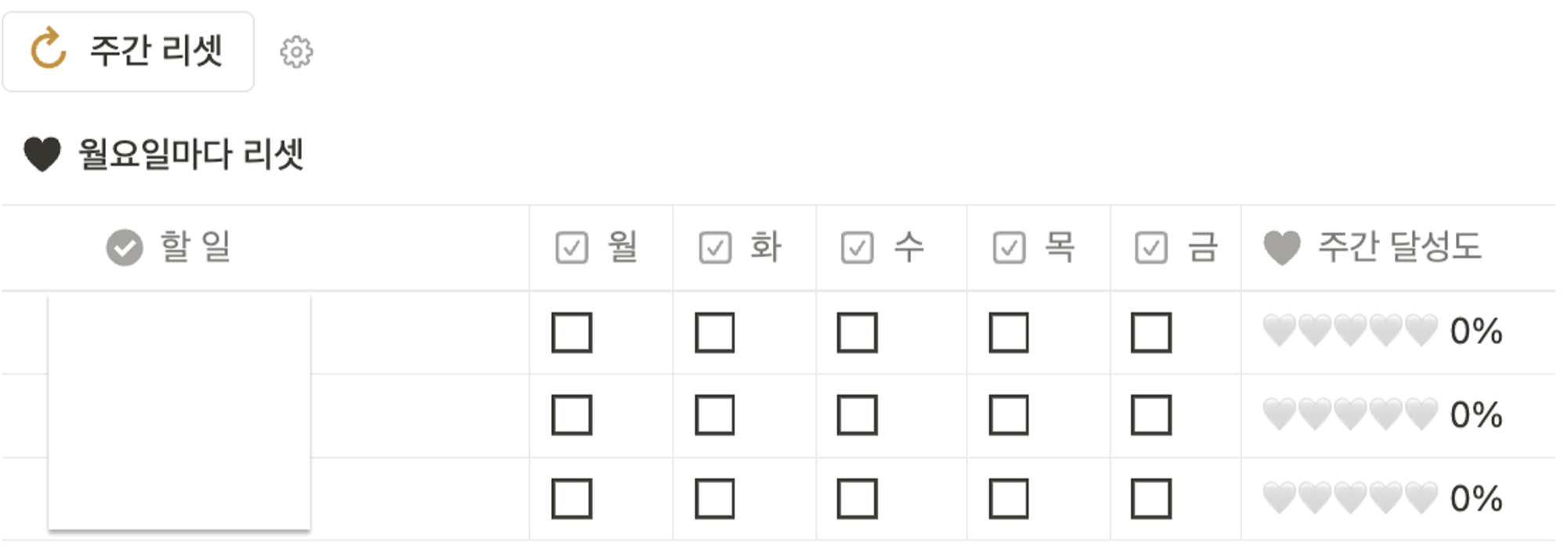 평일 업무 중 데일리 업무 진행도를 파악할 수 있는 DB표 (자체 제작)