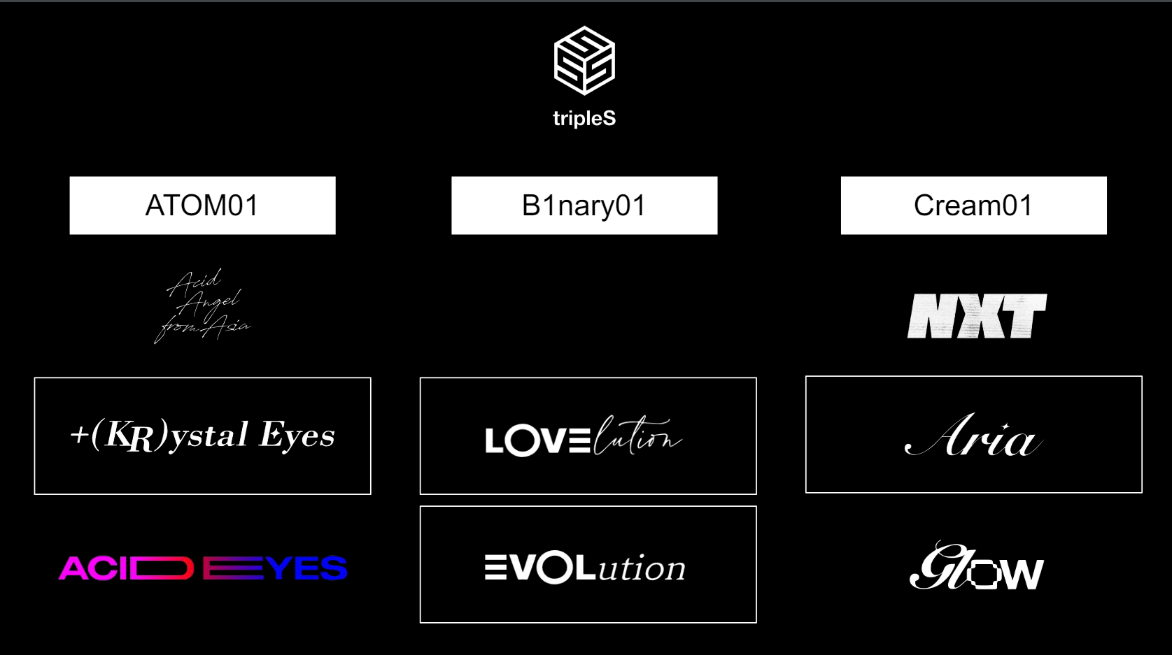 결성일 순서 : Acid Angel from Asia, +(KR)ystal Eyes, Acid Eyes<br>LOVElution, EVOLution<br>NXT,  Aria, Glow<br>