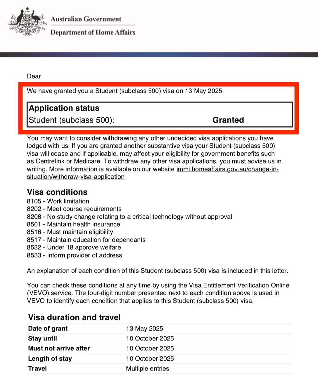 @ Yes 이민 법무 회원 비자 승인 레터