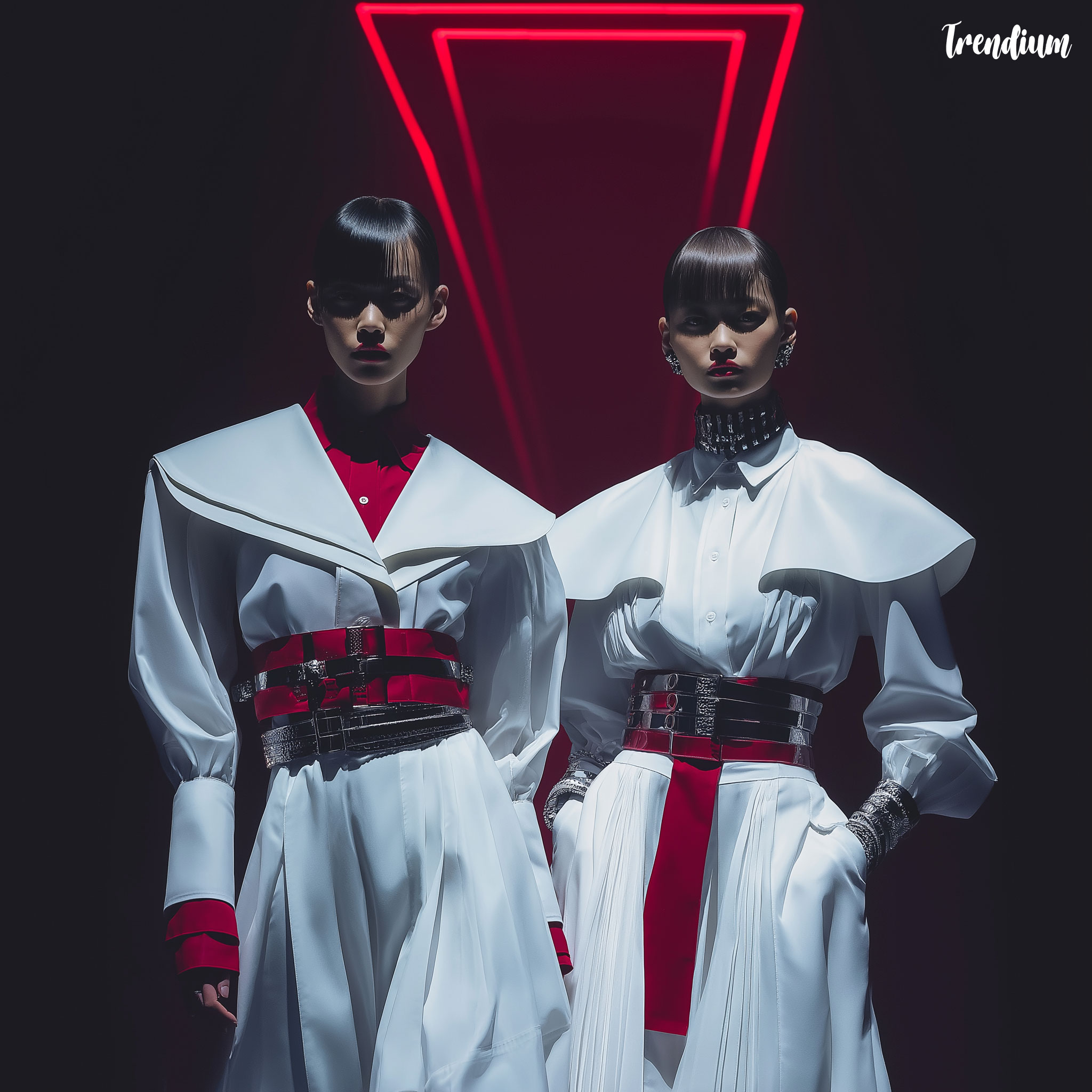 [prompt] runway fashion pictorial, group of 2 Korean models in futuristic school uniforms with exaggerated shoulders, metallic details, bold belts, shot from overhead angle, spotlight stage lighting, Raf Simons influence --v 7