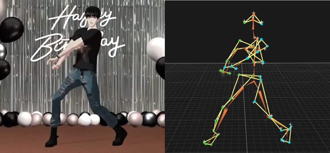 버추얼 아이돌 Sphaze의 신태일 캐릭터(좌)와 Qualisys 모션캡쳐 데이터(우)