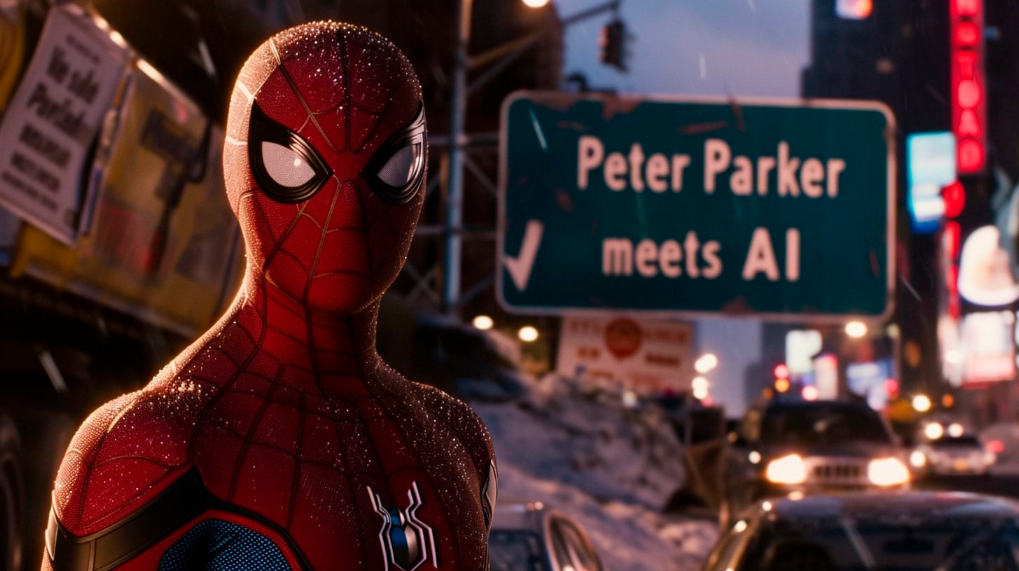 cinematic shot of spiderman with a sign in the background saying 