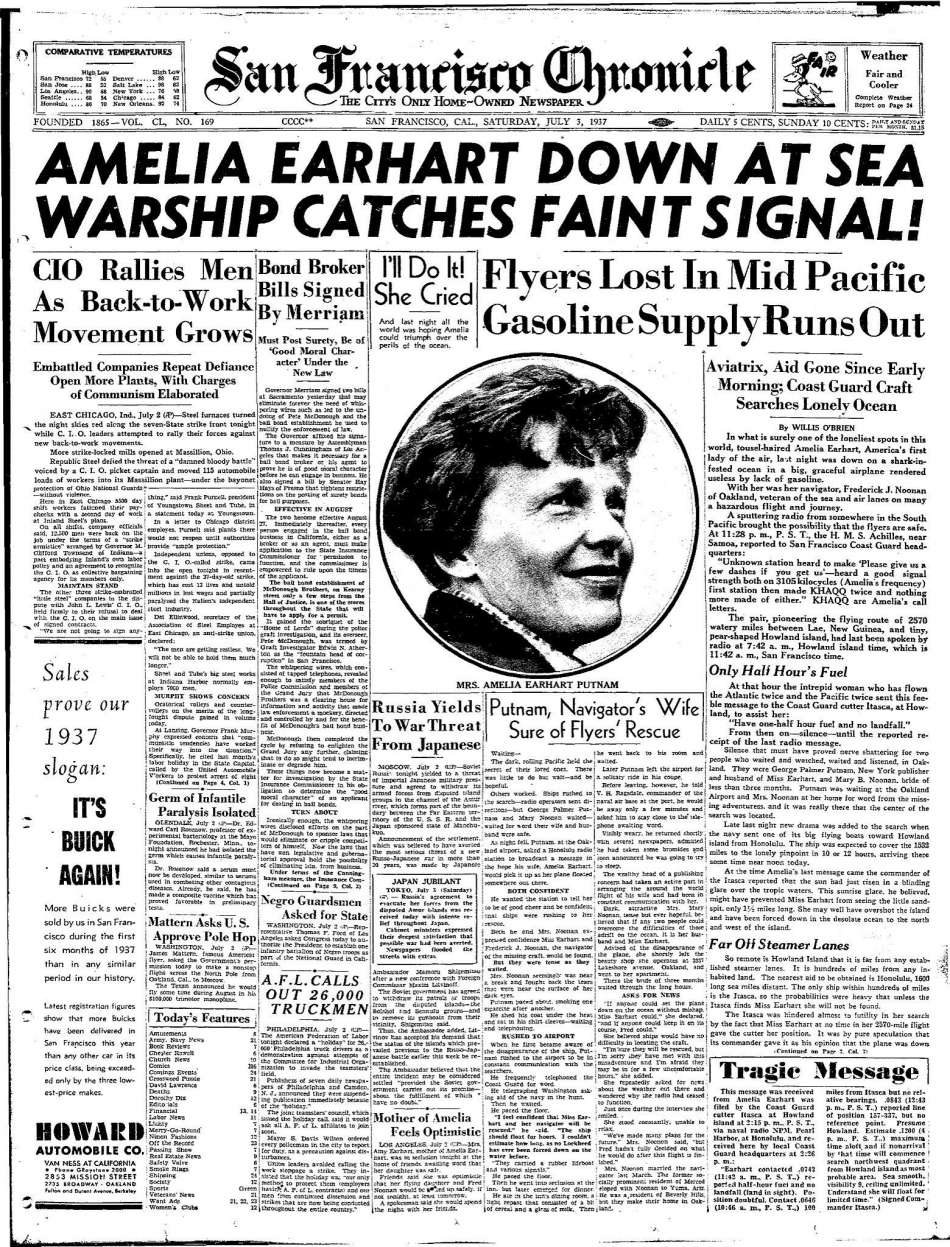 아멜리아 에어하트의 실종 소식을 실은 신문, © San Francisco Chronicle 1937년 7월 3일
