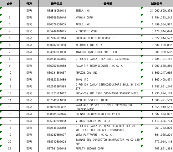 해외주식투자 TOP 21 (출처: 한국예탁결제원)