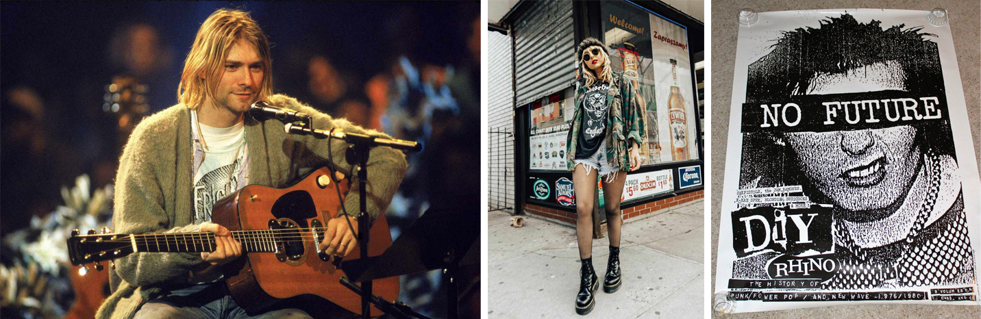 (좌) Nirvana의 Kurt Cobain, (중) 그런지 패션, (우) 그런지 스타일 포스터, David Carson
