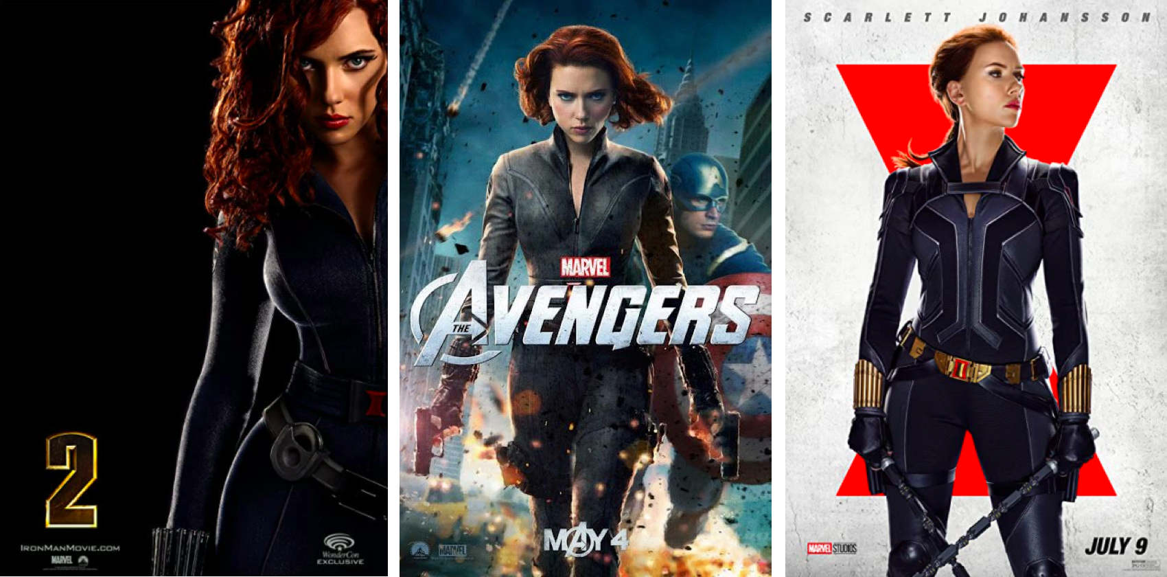 딱 봐도 허리 아플 것 같은 포즈로 굴곡을 강조한 아이언맨2의 블위 - 어깨를 쫙 편 솔로무비의 블위