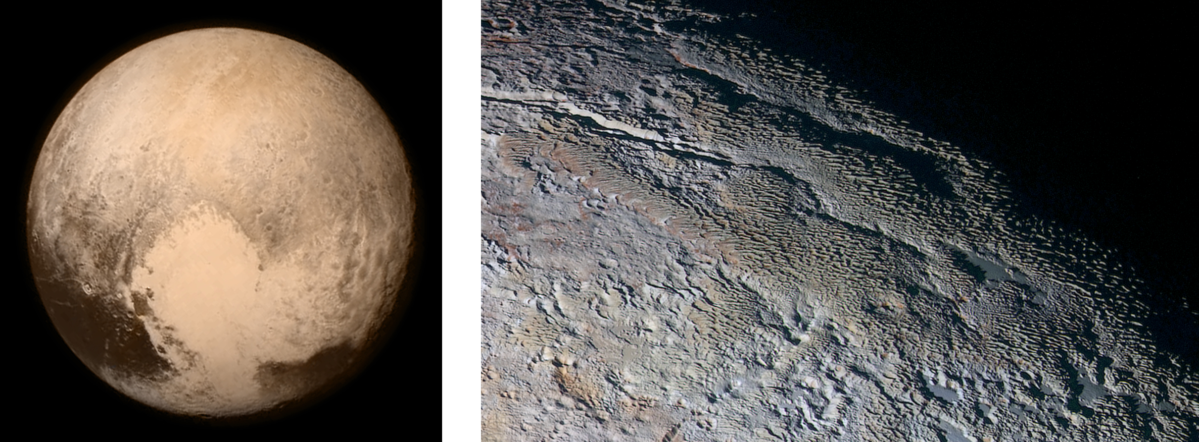 (왼쪽) 뉴 호라이즌스가 촬영한 명왕성의 근접 사진입니다. (오른쪽) 명왕성의 '타르타로스 도르사(Tartarus Dorsa)' 지역의 사진입니다. 이미지 출처: NASA