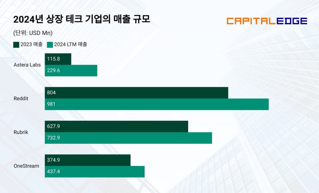 2024년 상장에 성공한 테크 기업의 매출 규모 및 성장성