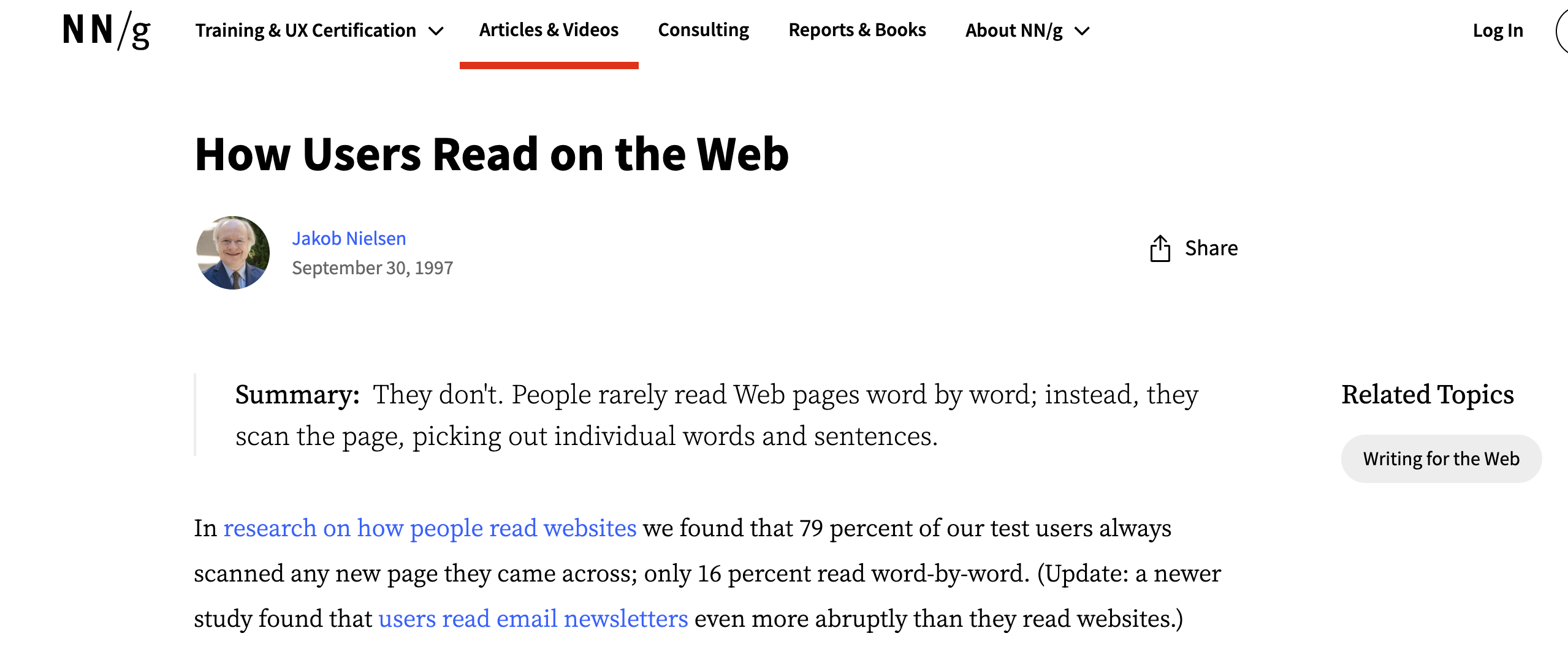 “Nielsen Norman Group 연구에 따르면 사용자의 79%는 웹페이지를 끝까지 읽지 않고 필요한 부분만 스캔한다. 따라서 랜딩페이지는 핵심 메시지는 짧게, 하지만 신중한 방문자를 위해 충분한 정보를 담아 자연스럽게 길어져야 한다.”(출처: Nielsen Norman Group의 Jakob Nielsen 연구