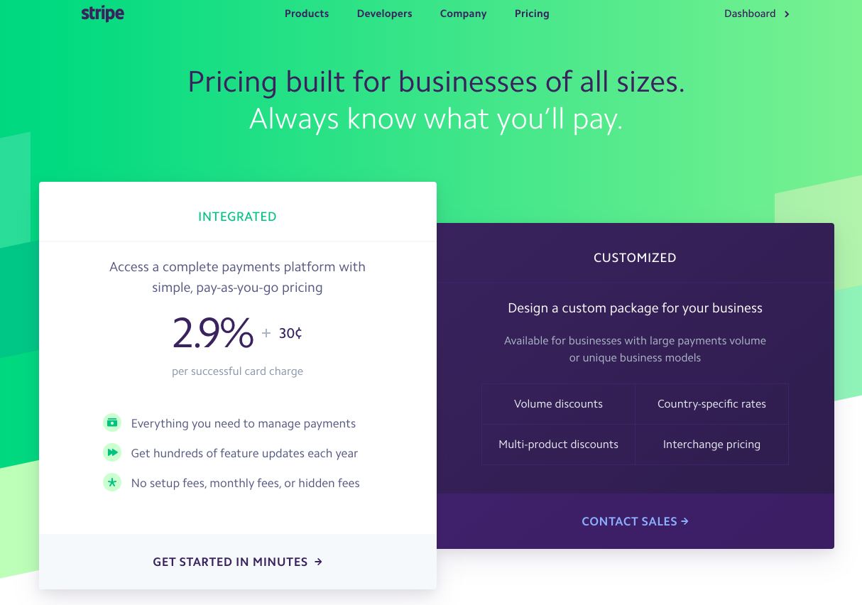 Stripe의 Pricing Page