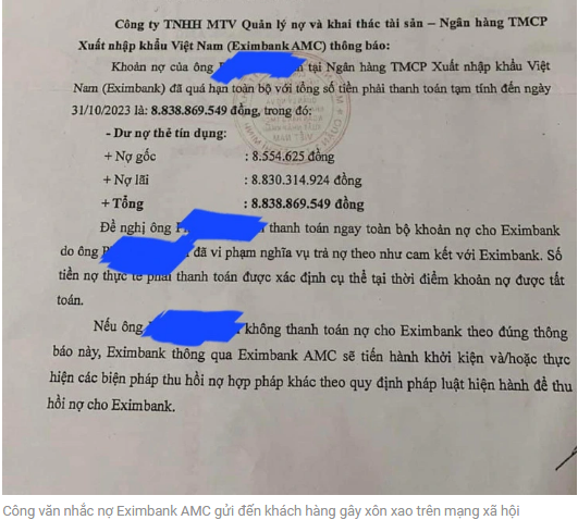 고객에게 발송한 엑심뱅크의 공문이 SNS상 논란을 야기했습니다