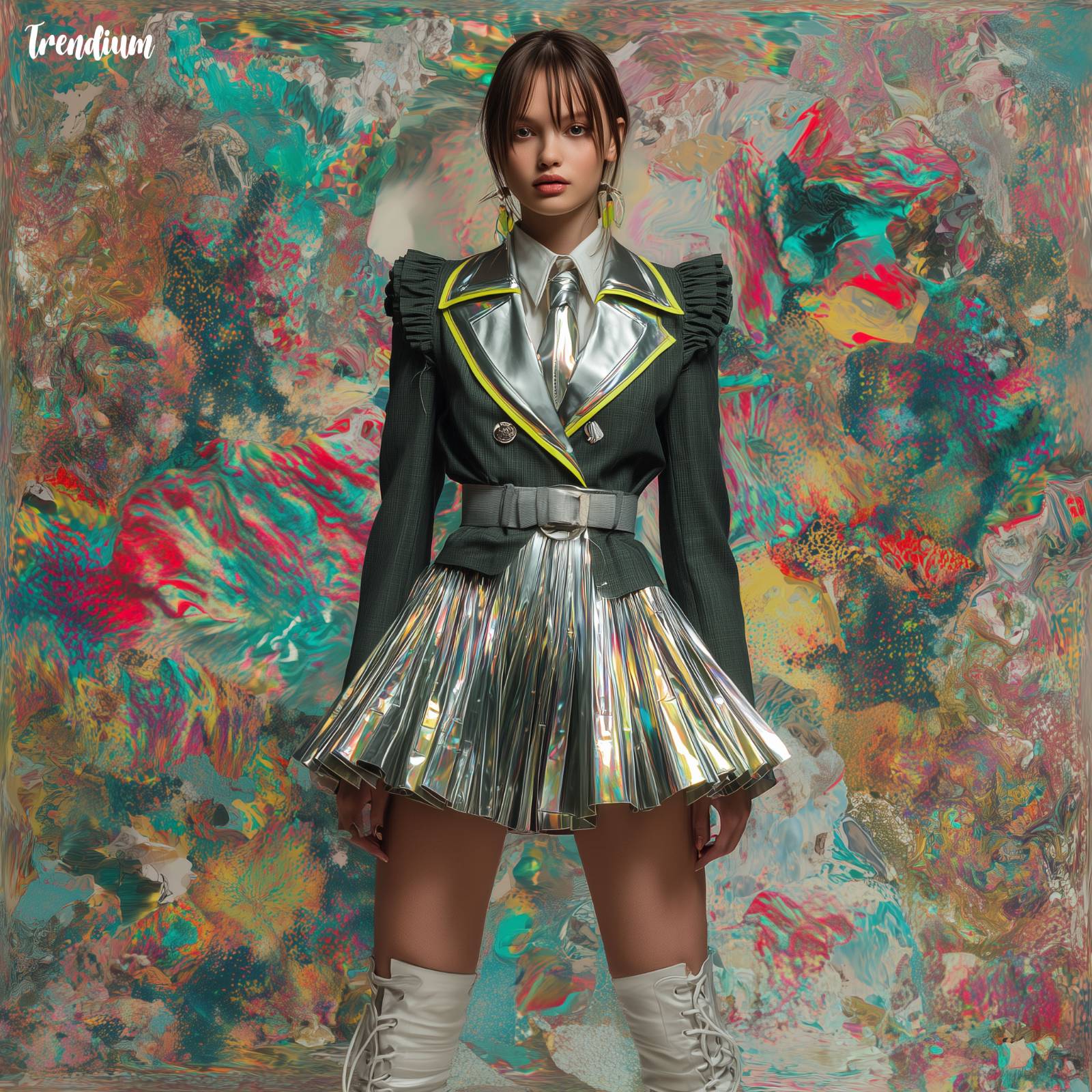 [prompt] concept fashion pictorial, sci-fi inspired school uniform with metallic pleats, structured blazer, neon accents, surreal runway backdrop, 50mm lens --style raw --v 7 --stylize 200