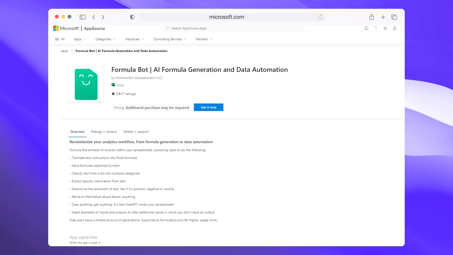 MS 앱스토어에 추가된 Formula Bot