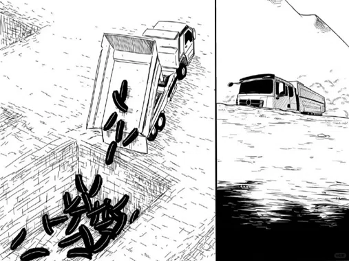 '중등전문학교 쥐의 대모험'의 결말. 주인공은 쓰레기로 버려진다.