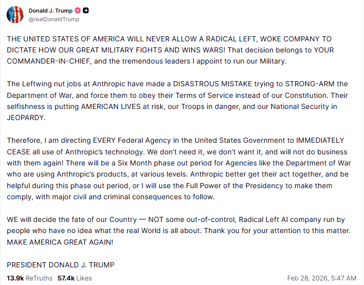 트럼프 Truth Social 원본 포스트, 26년 2월 27일