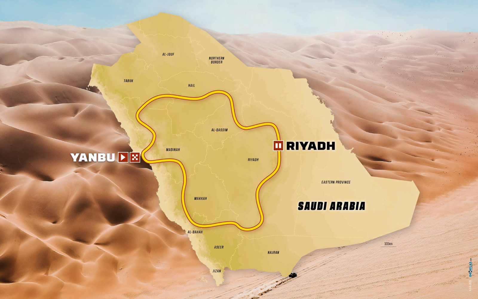 올해 다카르 랠리 맵. 사우디 아라비아의 사막에서 펼쳐져요. 