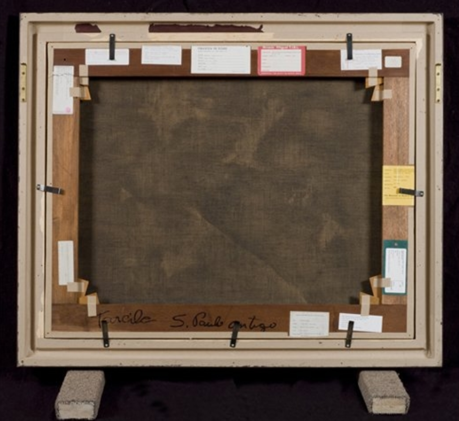 Sao Paulo, 1924, after Tarsila do Amaral, 2010. Wood,&nbsp; canvas, adhesive tape, labels,&nbsp; ironware, carpet, 80.5 x 103.05 x 5.5 cm&nbsp;Cortesia [courtesy] Pinacoteca do Estado de São Paulo