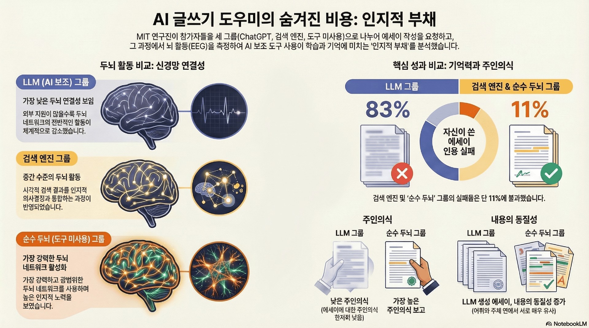 “Your Brain on ChatGPT: Accumulation of Cognitive Debt when Using an AI Assistant for Essay Writing Task” 논문에 대한 NotebookLM 생성 인포그래픽
