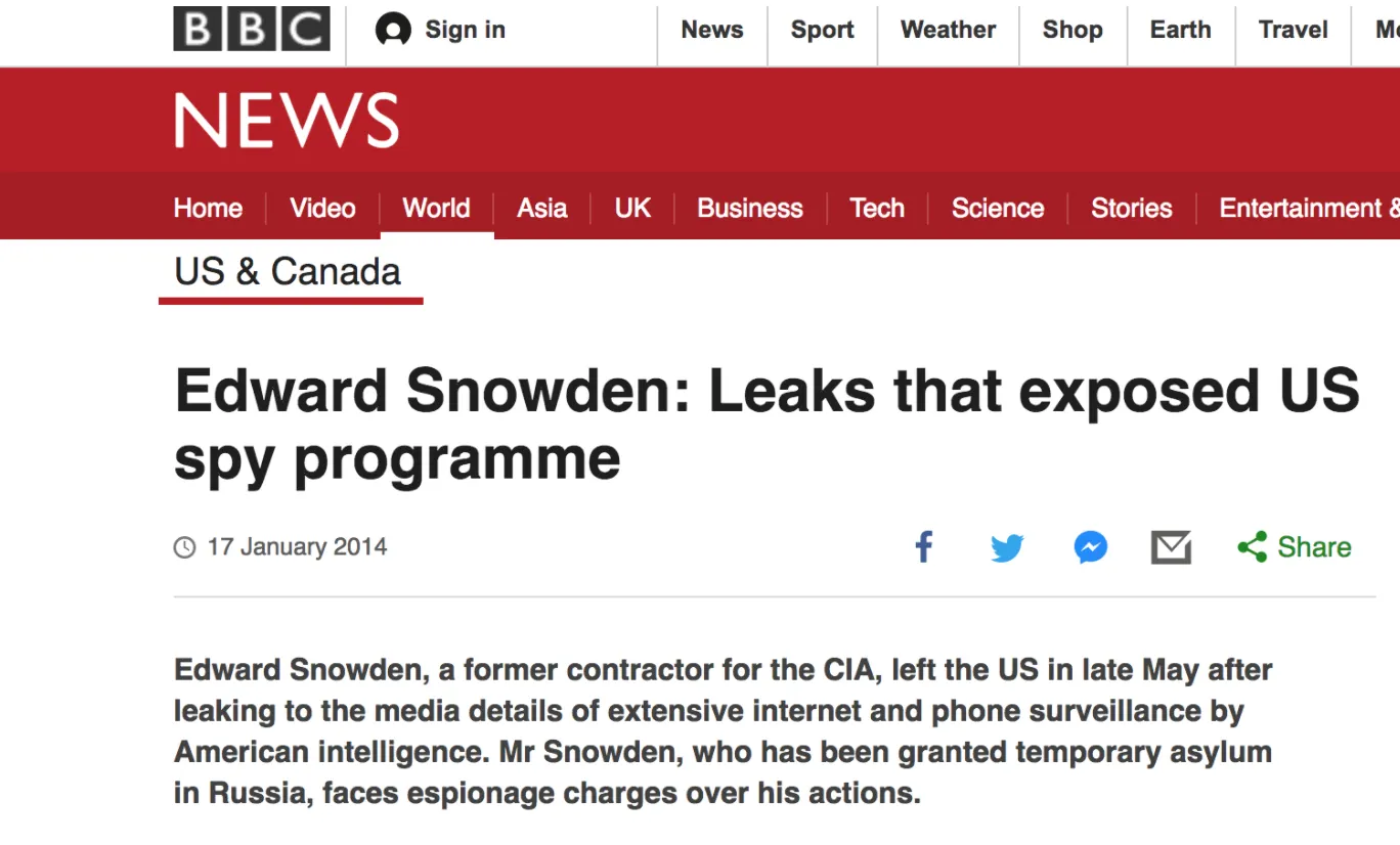 2013년 에드워드 스노든(Edward Snowden)의 NSA 폭로를 헤드라인으로 다룬 뉴스 매체들