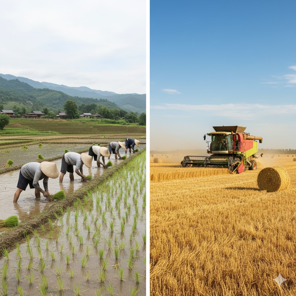 (좌) 노동 중심의 벼농사, (우) 기계 중심의 농사 (Google Gemini 이미지 생성)