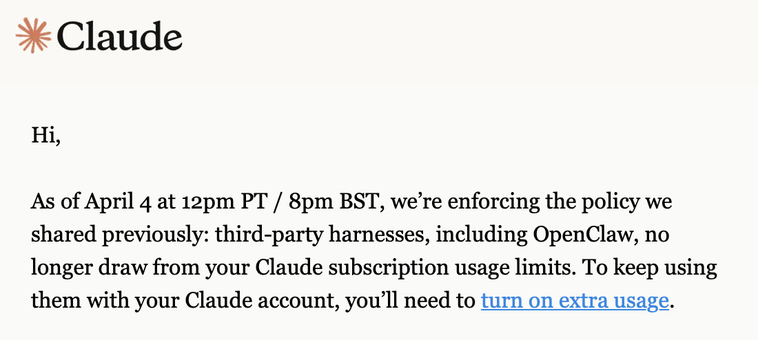 Anthropic이 Pro/Max 사용자에게 보낸 OpenClaw 차단 안내 메일