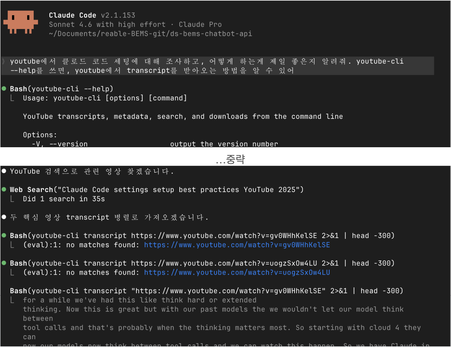 youtube-cli를 설치하고, Claude Code에게 정보를 찾아달라고 요청하면, youtube에서 스트립트를 읽어오면서 조사를 해와요.