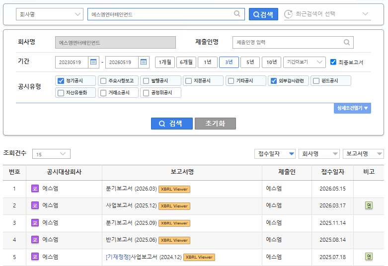 DART 공시검색 화면. 공시 유형에서 '정기공시'와 '외부감사관련' & 3년 또는 5년 기간을 선택하는 것이 국룰이다.