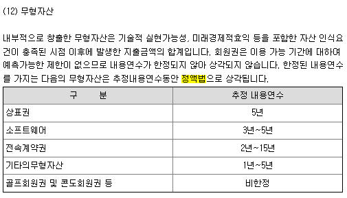 SM 사업보고서.
주석의 무형자산 상세 내역. 내용연수와 상각 방법이 명시되어 있다. 이 숫자가 바로 매년 얼마씩 비용이 쌓이는지를 결정한다.