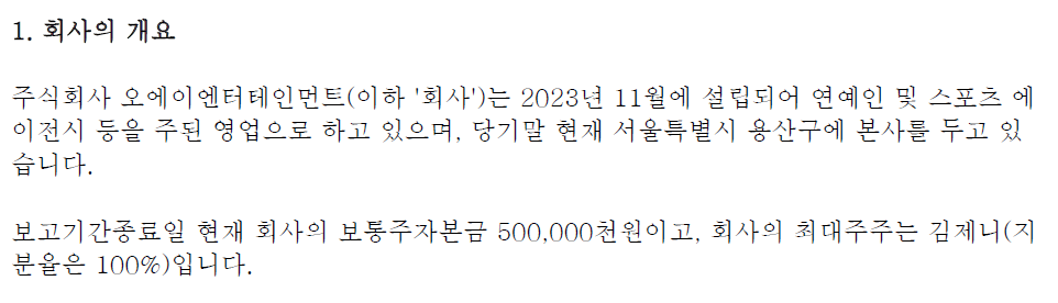 주석 1번. 대표이사는 박나나, 최대 주주는 김제니(지분율 100%)