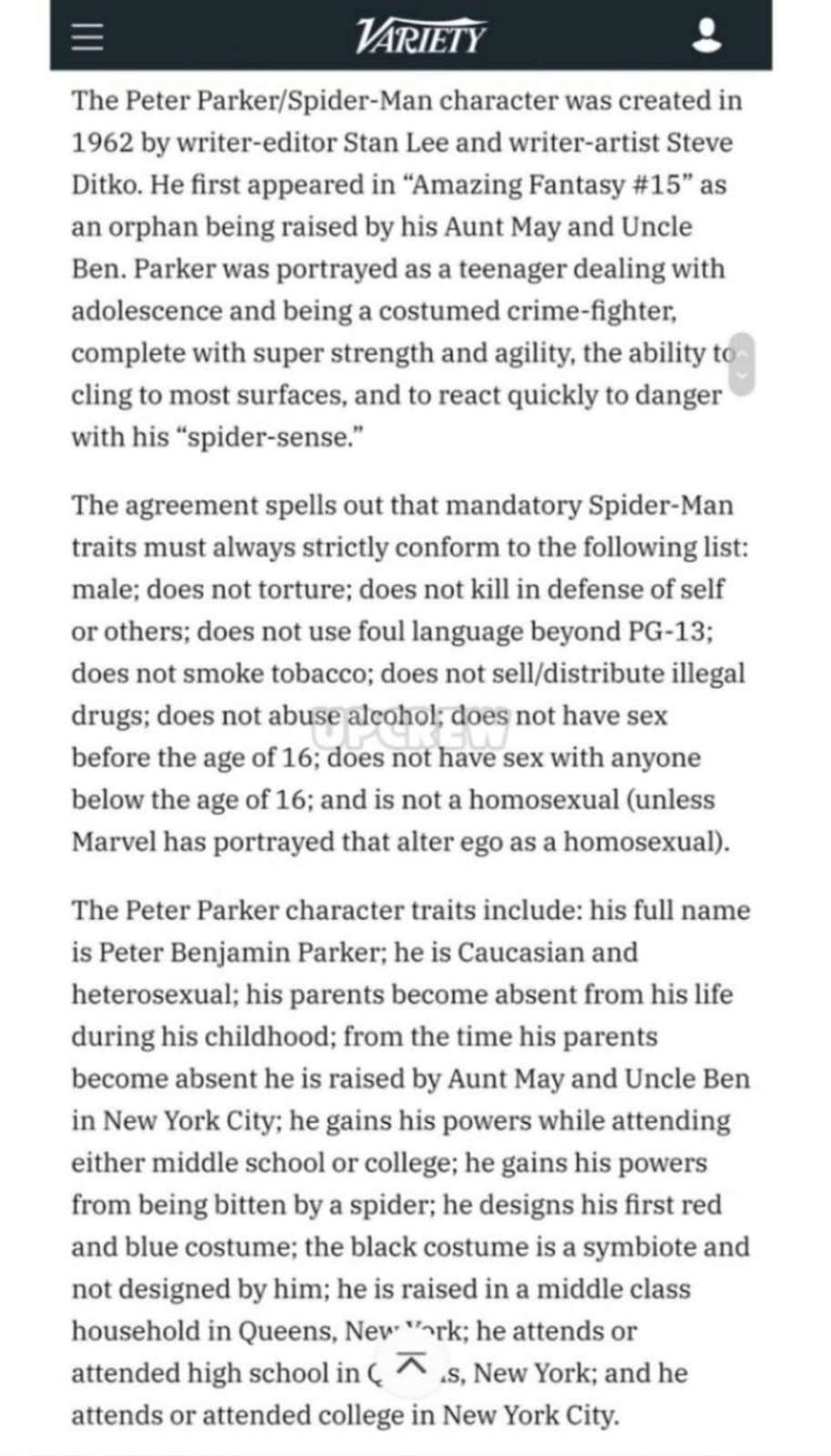 “Spider-Man Must Be White, Straight Says Sony Emails”&nbsp;

Variety, 2015년 6월 19일

