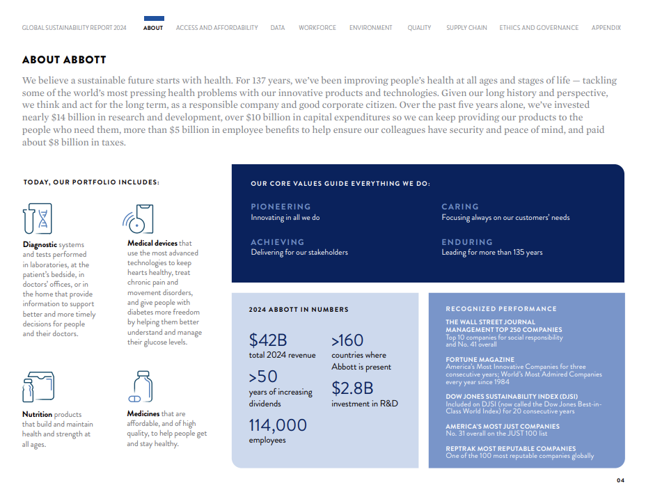쉽고 감각적인 애보트 ESG 리포트, 이미지를 누르면 사이트로 이동합니다. (이미지: 애보트)