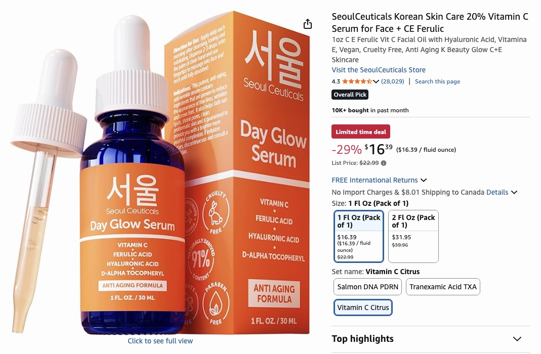 출처 - SeoulCeuticals Vitamin C Serum, Amazon