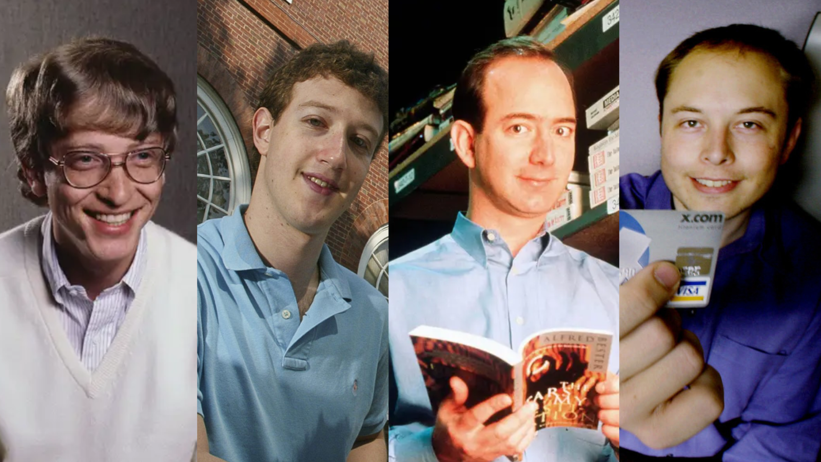 <세상을 바꾸고 있는 너드들. 좌측부터 빌 게이츠, 마크 저커버그, 제프 베죠스, 일론 머스크>