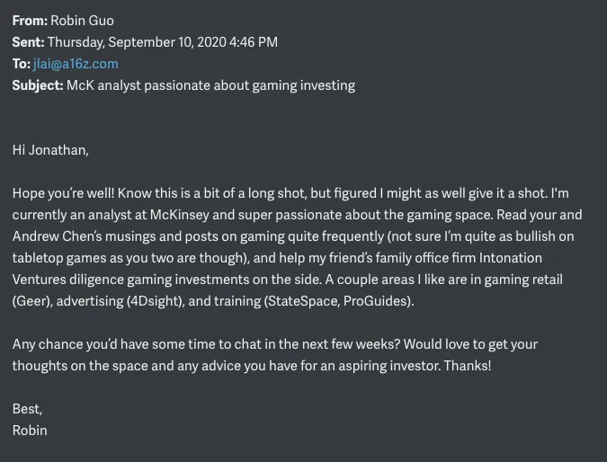 &nbsp; <로빈 궈가 a16z에 보낸 콜드메일, 출처: Robin Guo Substack>