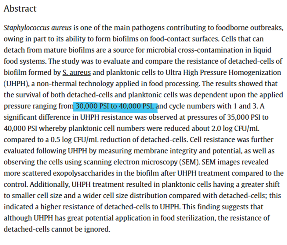 [Resistance of detached-cells of biofilm formed by&nbsp;Staphylococcus
aureus&nbsp;to ultra high pressure homogenization]&nbsp;