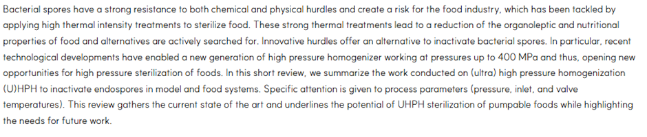 [(Ultra) High Pressure
Homogenization for Continuous High Pressure Sterilization of Pumpable Foods&nbsp;]